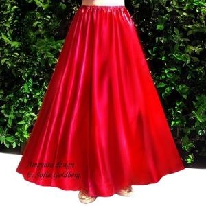 Red satin maxi skirt, long, with elastic waist. Size S. Ameynra design. New